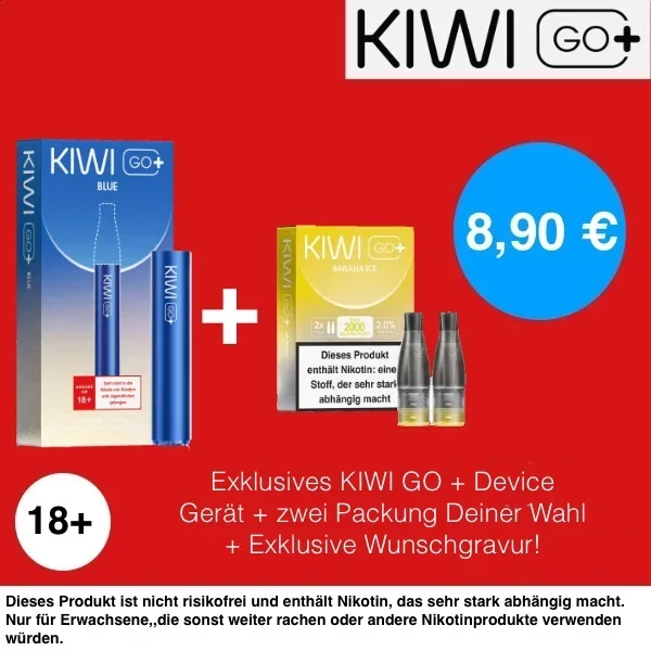 1x Kiwi Go+ Plus Device Black + 1x Kiwi Go Plus Pods Strawberry Ice 20mg(2er Pack)