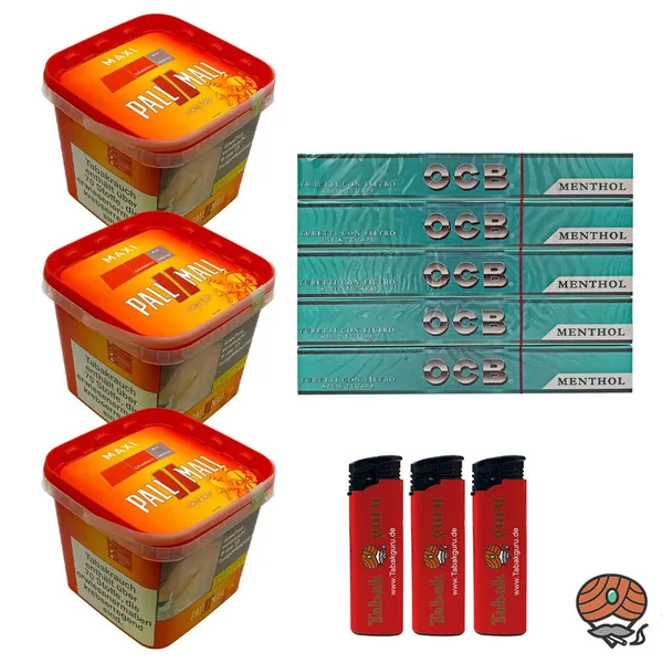 3x Pall Mall Allround Maxi Box à 260g Volumentabak, OCB Menthol Hülsen, Feuerzeuge