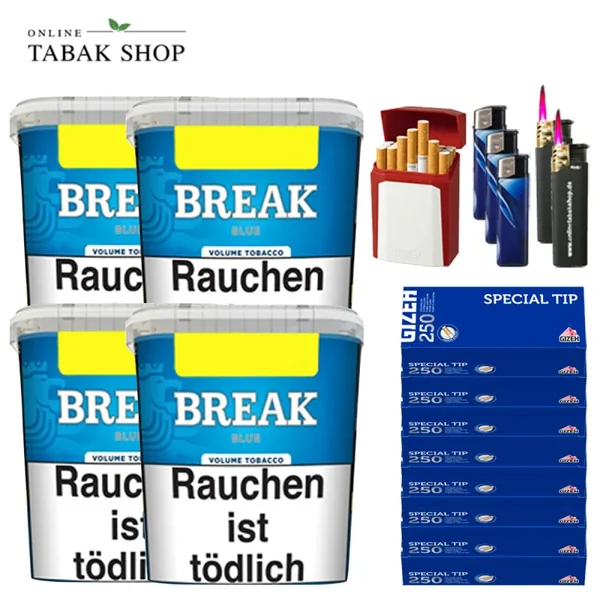 4x Break Blau Tabak Eimer 185g + 2000 GIZEH Special Tip Hülsen + 3 Feuerzeuge + 2 Sturmfeuerzeuge + GIZEH Etui
